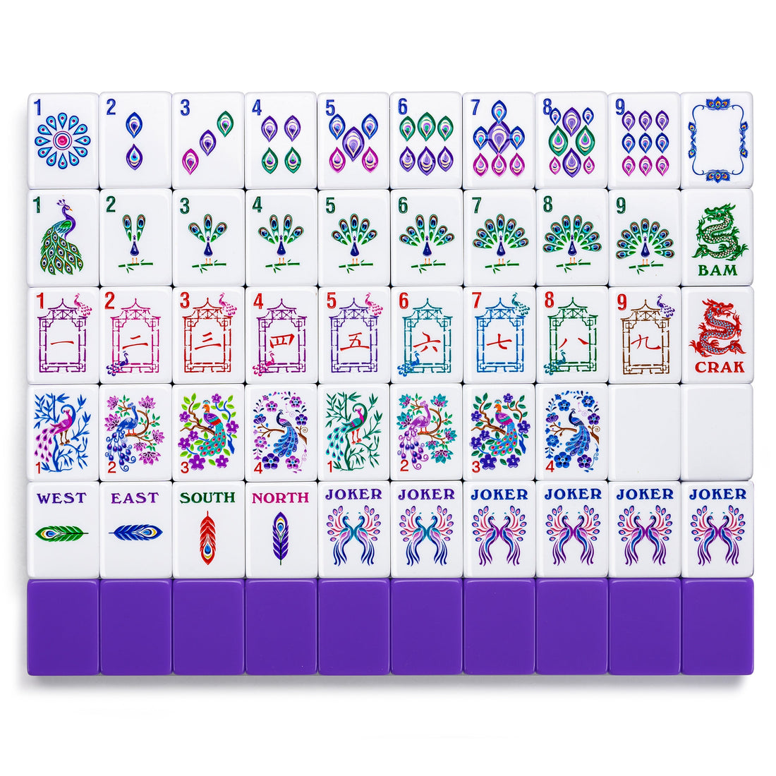 Pavora peacock American mahjong tiles laid out by suit