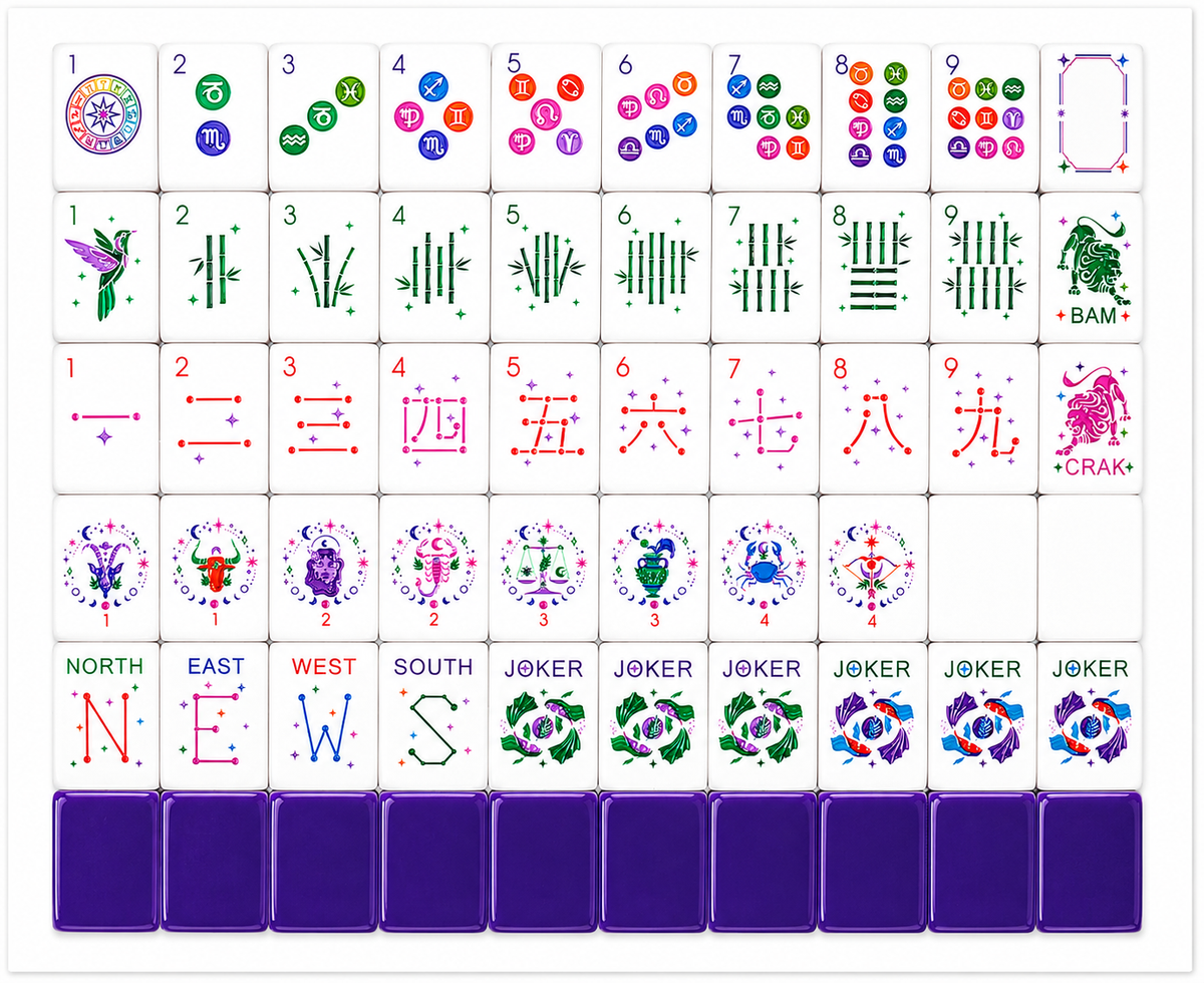 Velora Zodiac American mahjong set tiles laid out
