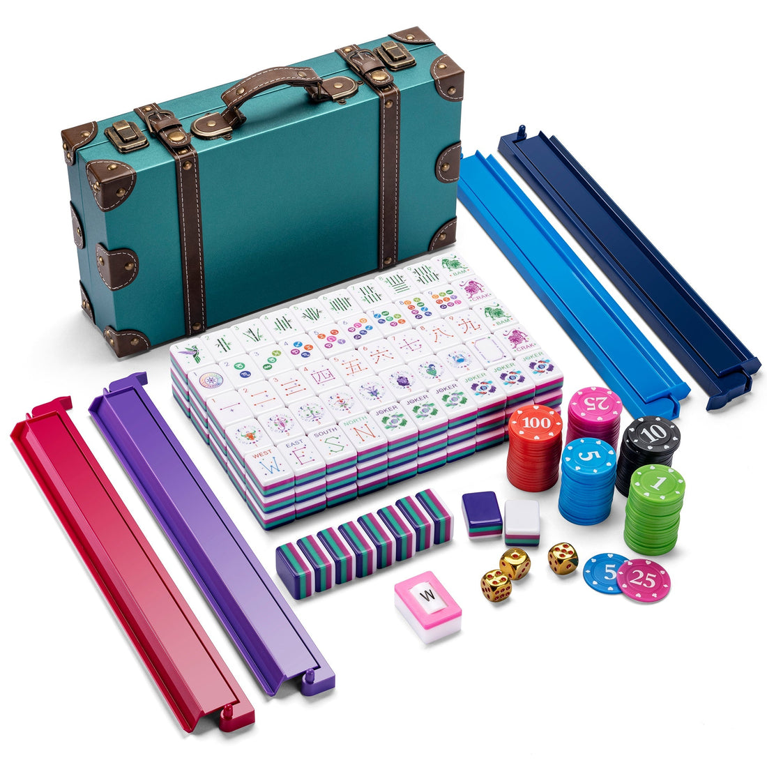 Velora American mahjong set with racks, chips, dice and teal carrying case
