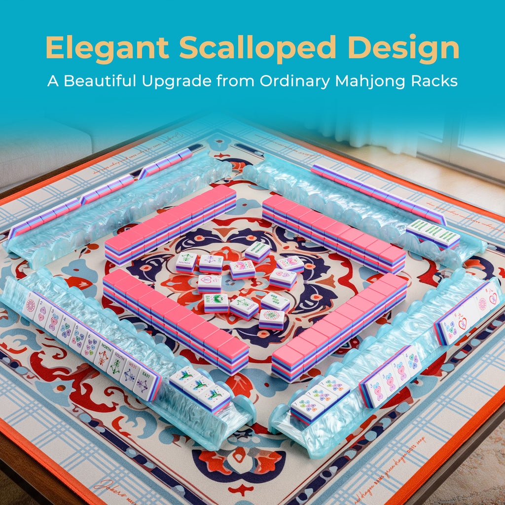Coral and Blue Medallion mahjong mat set for a four-player game with sky blue pearl racks