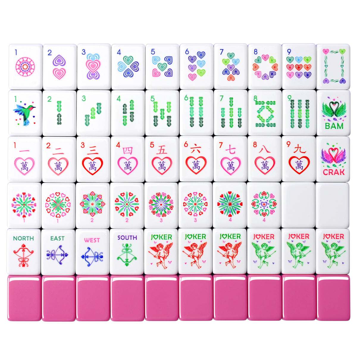 Amora Pink Heart American mahjong tiles laid out, 160 tiles with pink backs