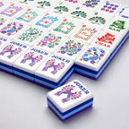 Close-up of Pavora Peacock Joker tiles, peacock Flowers and Bam and Crak Dragons, with layered purple and blue backs