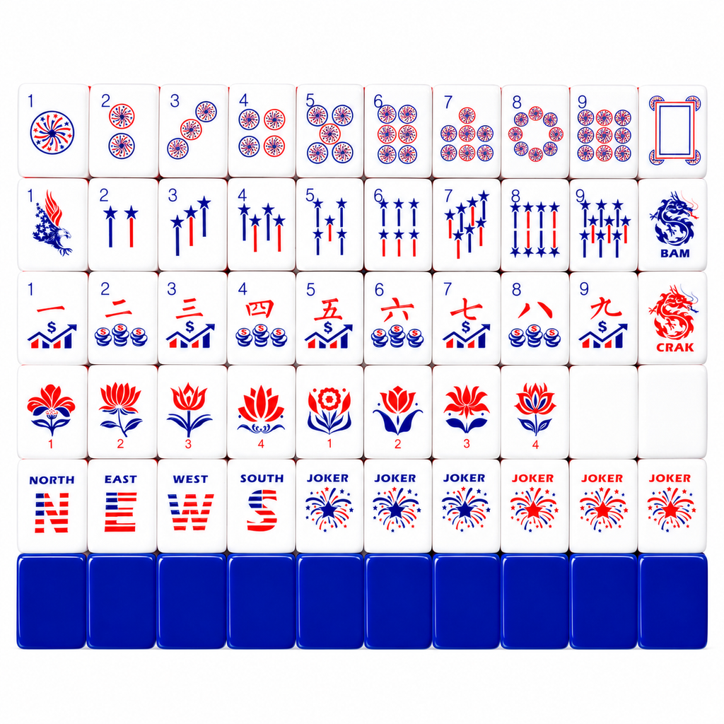 Astera Americana red, white and blue American mahjong tiles laid out, with navy backs