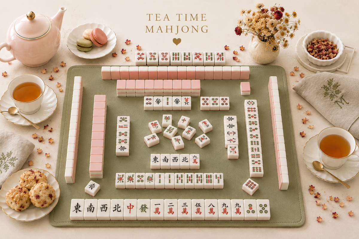 Mahjong tiles and a tea set on a table, ready for game night