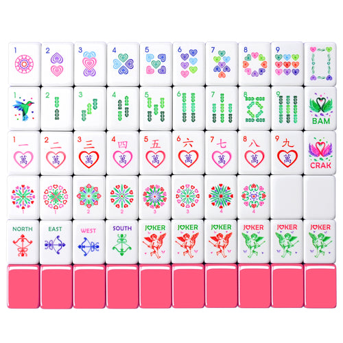 Amora Pink Heart American mahjong tiles laid out, 160 tiles with pink backs