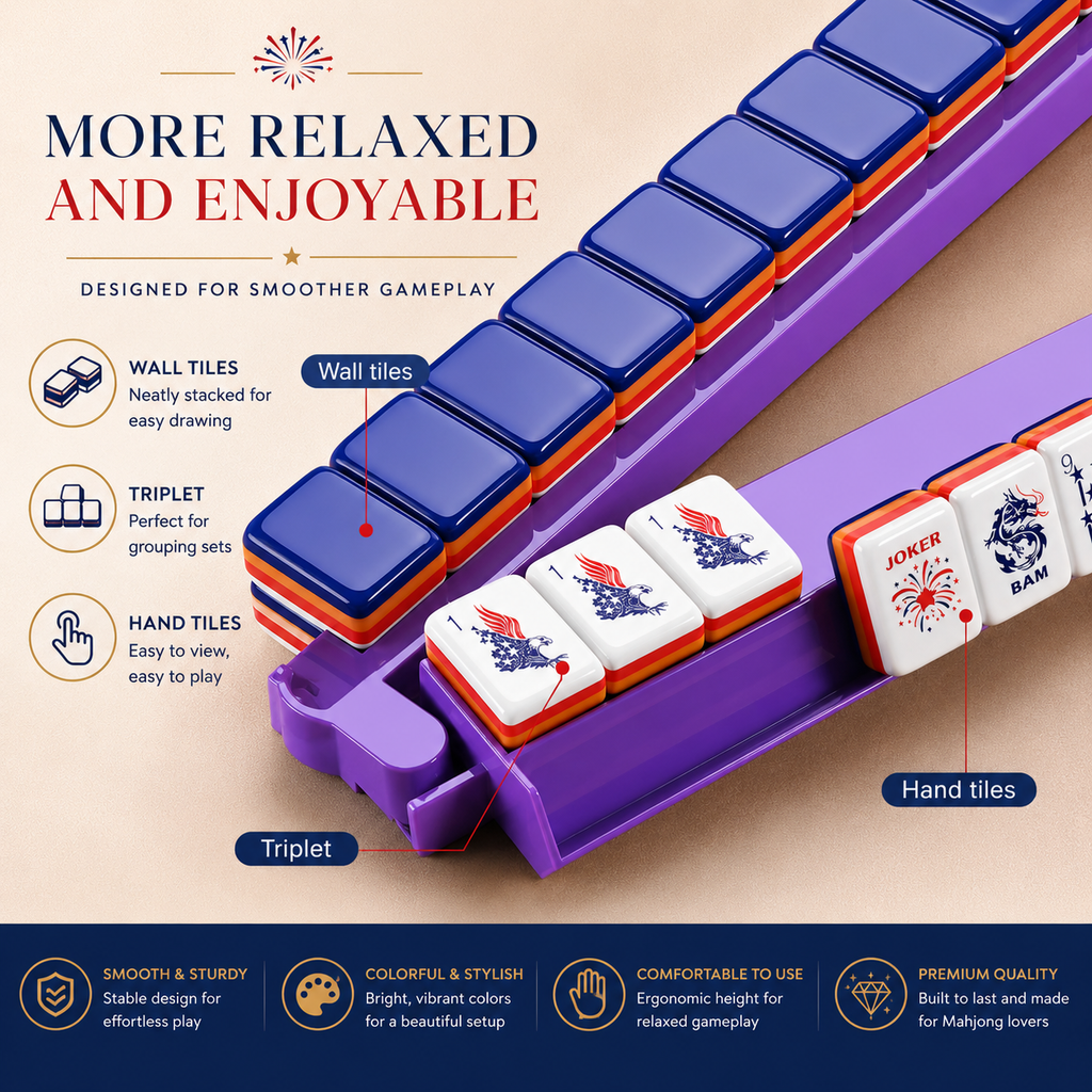 Astera Americana mahjong tiles on purple racks with pushers for relaxed gameplay