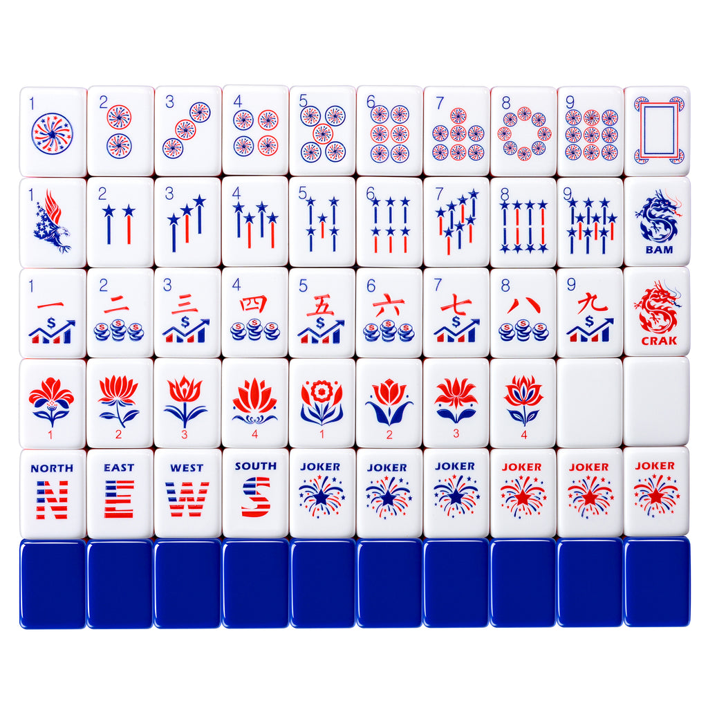 Astera Americana red, white and blue American mahjong tiles laid out, with navy backs