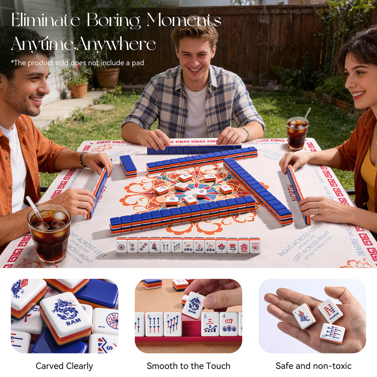 Friends playing American mahjong outdoors with Astera tiles; mat not included