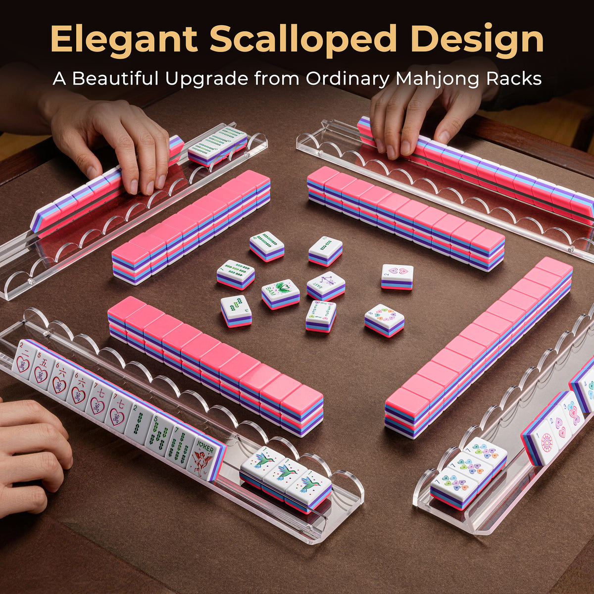 Clear acrylic mahjong racks with magnetic pushers set up for a four-player game