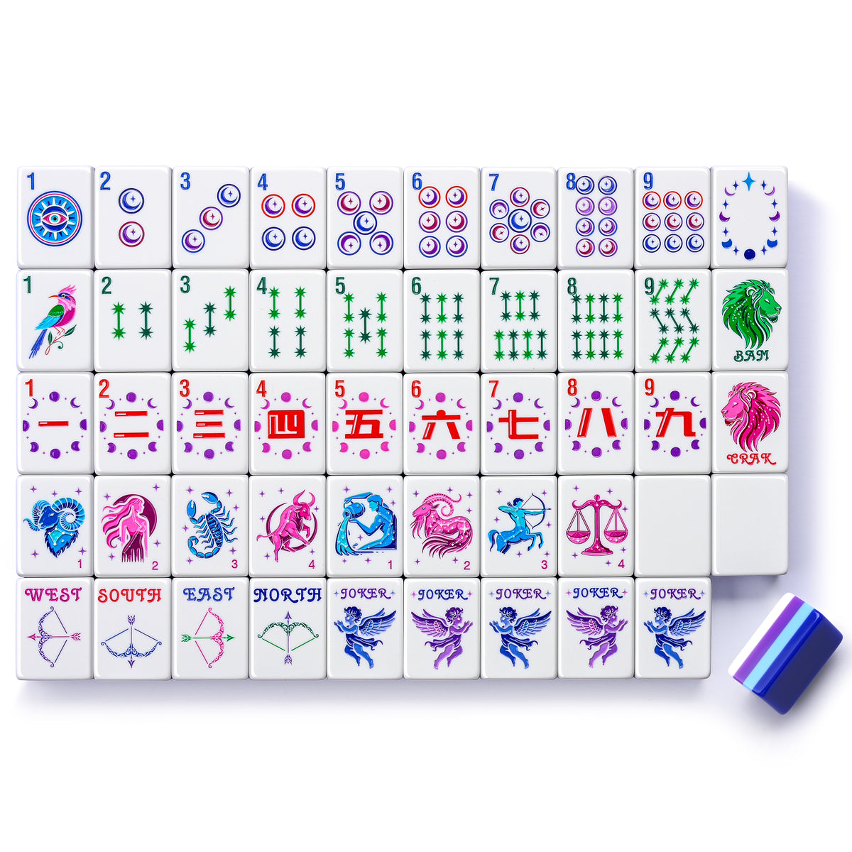 Lunara Celestial American mahjong tiles laid out on white, with navy, light-blue and purple layered backs