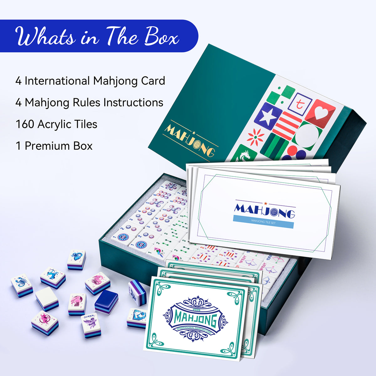 What's in the Lunara box: 160 acrylic tiles, 4 mahjong cards, 4 rules instruction sheets and a premium box