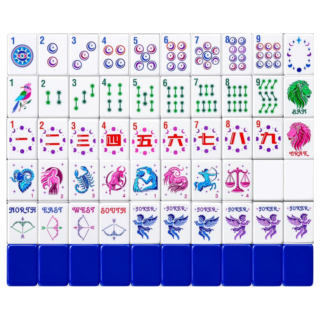 Lunara Celestial American mahjong tiles laid out in rows: crescent-moon Dots, Bams, Craks, zodiac Flowers, Winds and cherub Jokers
