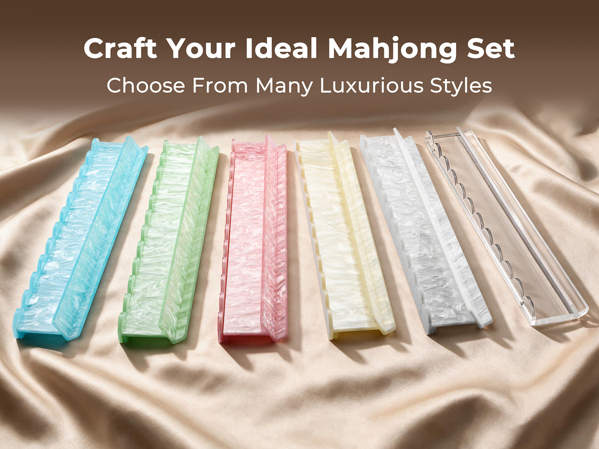 Magnetic acrylic mahjong racks with pushers in six colors: clear, sky blue, mint green, blush pink, pearl white and champagne