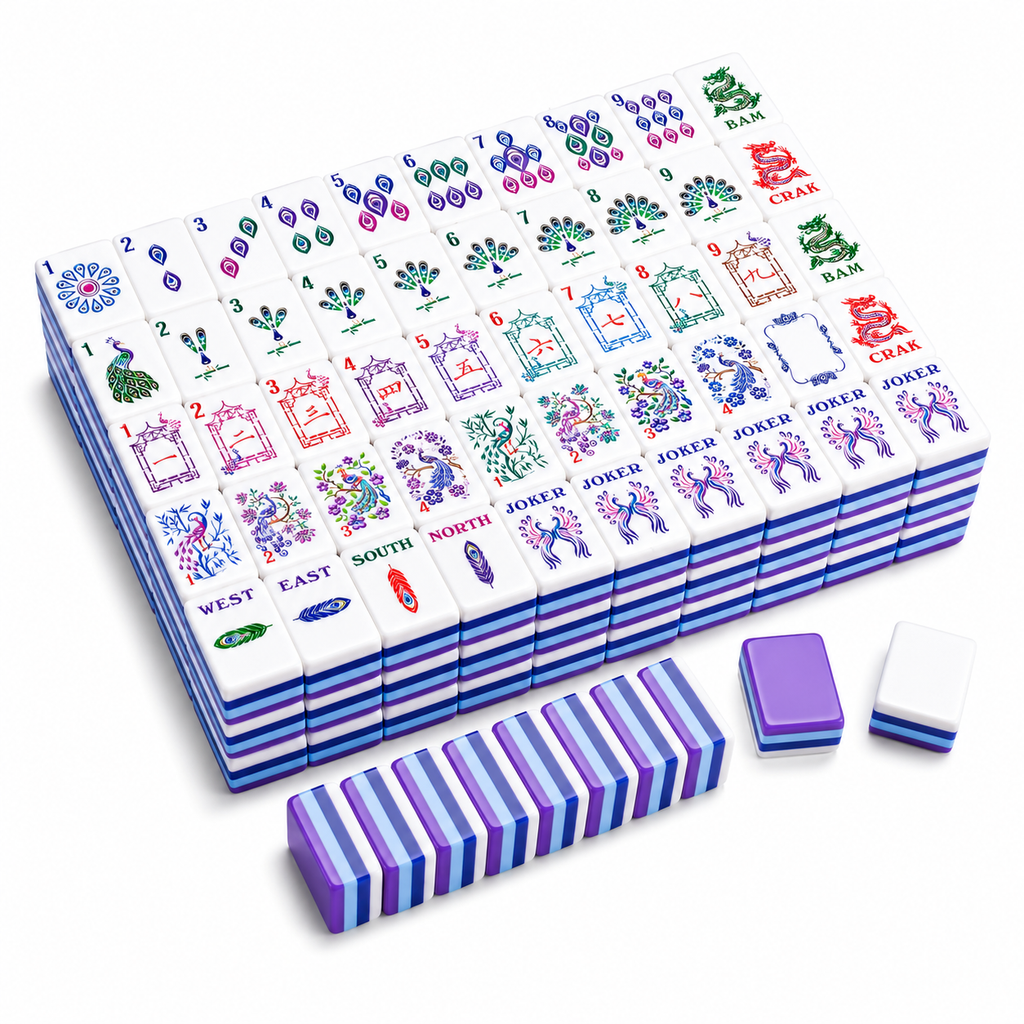Pavora Peacock American mahjong tiles stacked, showing all suits and striped purple and blue tile backs