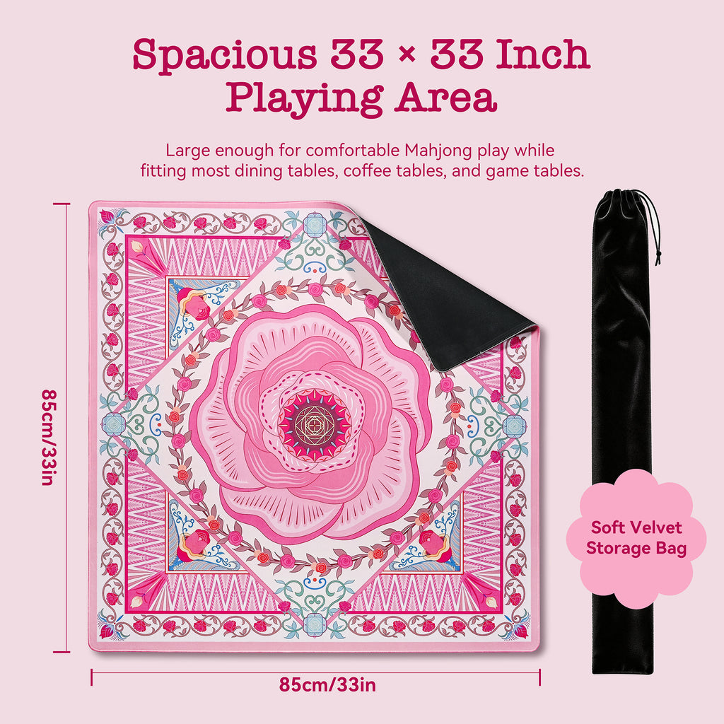 Pink rose mahjong mat size, 33 x 33 inches, with soft velvet storage bag