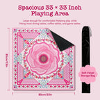 Pink rose mahjong mat size, 33 x 33 inches, with soft velvet storage bag