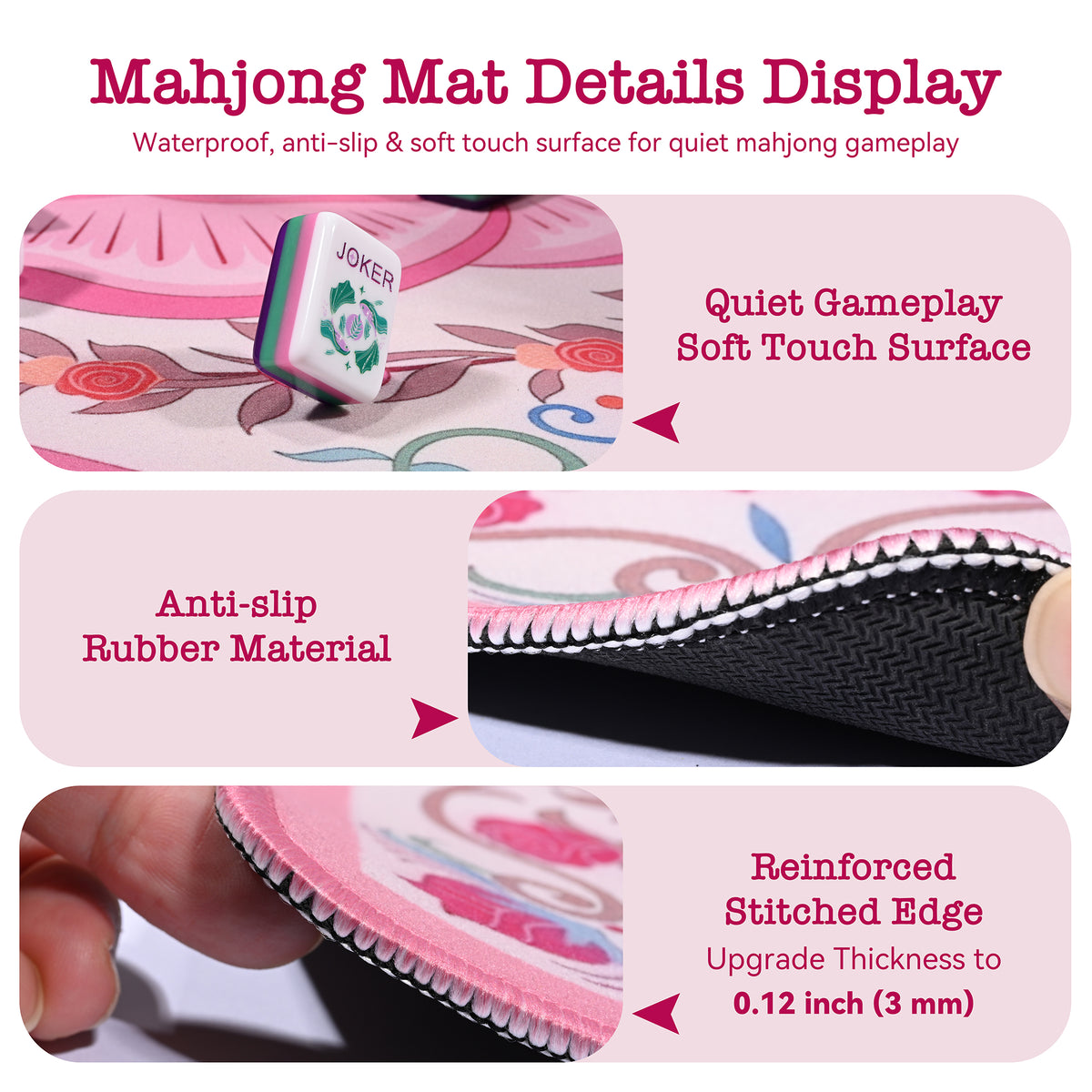 Pink rose mahjong mat details: soft-touch surface, anti-slip rubber, stitched edge