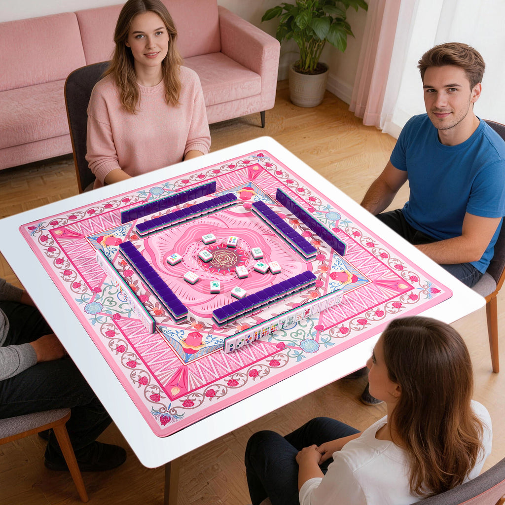 Friends playing mahjong on the pink rose medallion mat