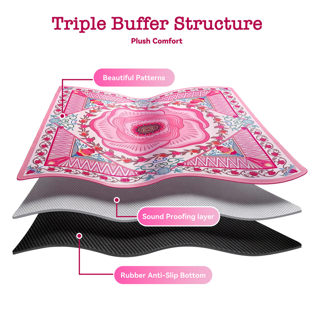 Pink rose mahjong mat layers: printed top, sound-dampening middle, rubber anti-slip base