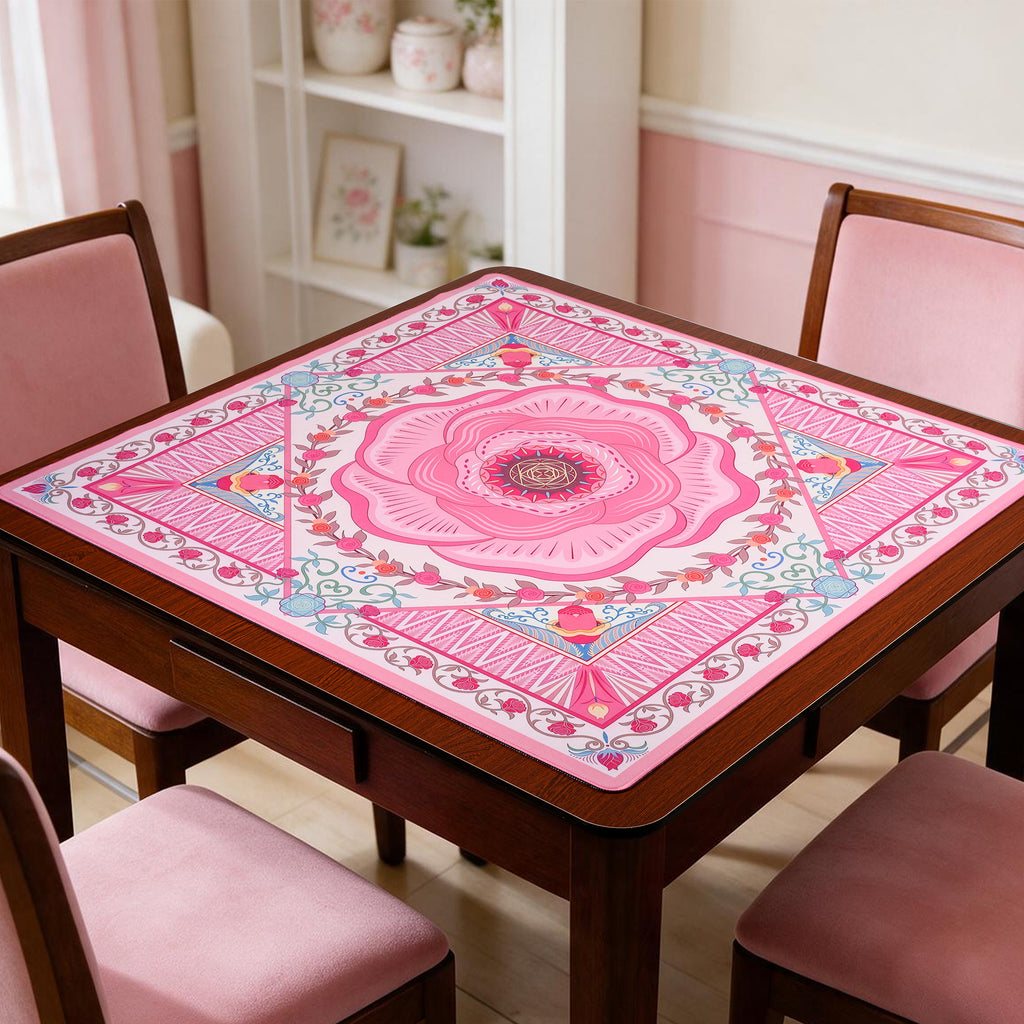 Pink rose medallion mahjong mat on a square dining table