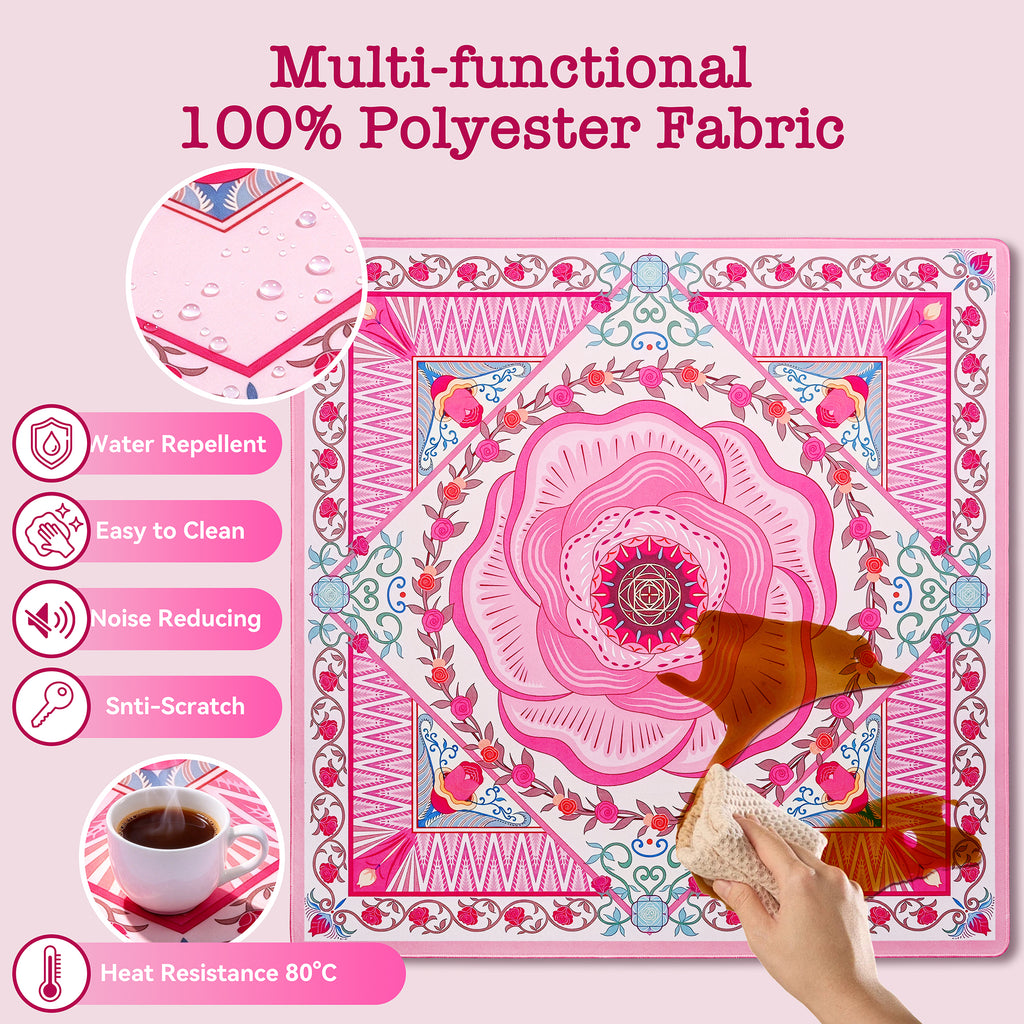 Pink rose mahjong mat features: polyester surface, easy to clean, heat resistant