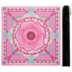 Pink rose medallion mahjong mat, top view, with black storage bag