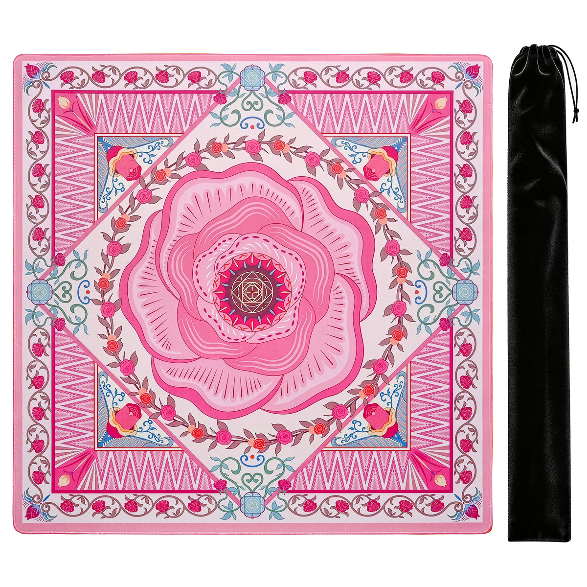 Pink rose medallion mahjong mat, top view, with black storage bag
