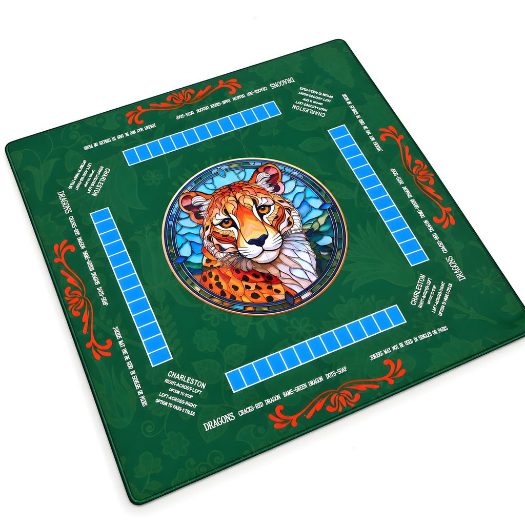 Emerald stained glass cheetah mahjong table mat