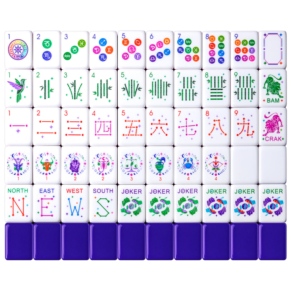 Velora Zodiac American mahjong tiles laid out, 160 tiles with purple backs