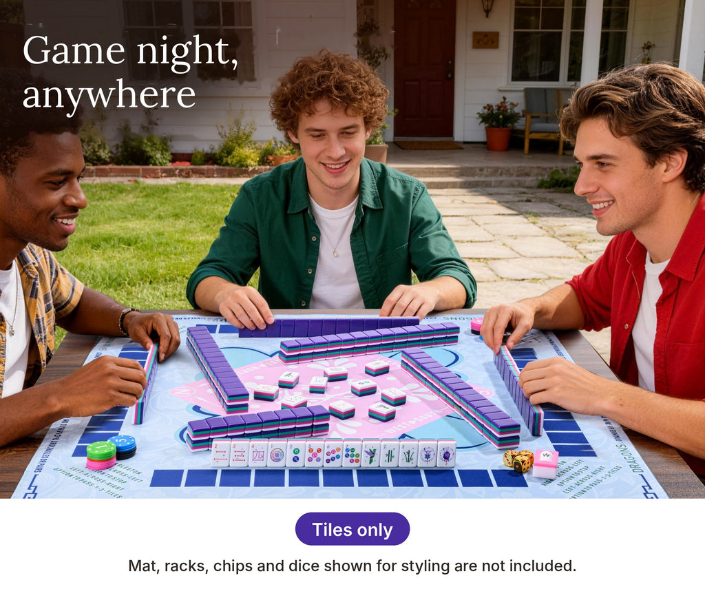 Friends playing American mahjong with Velora Zodiac tiles; mat, racks, chips and dice not included