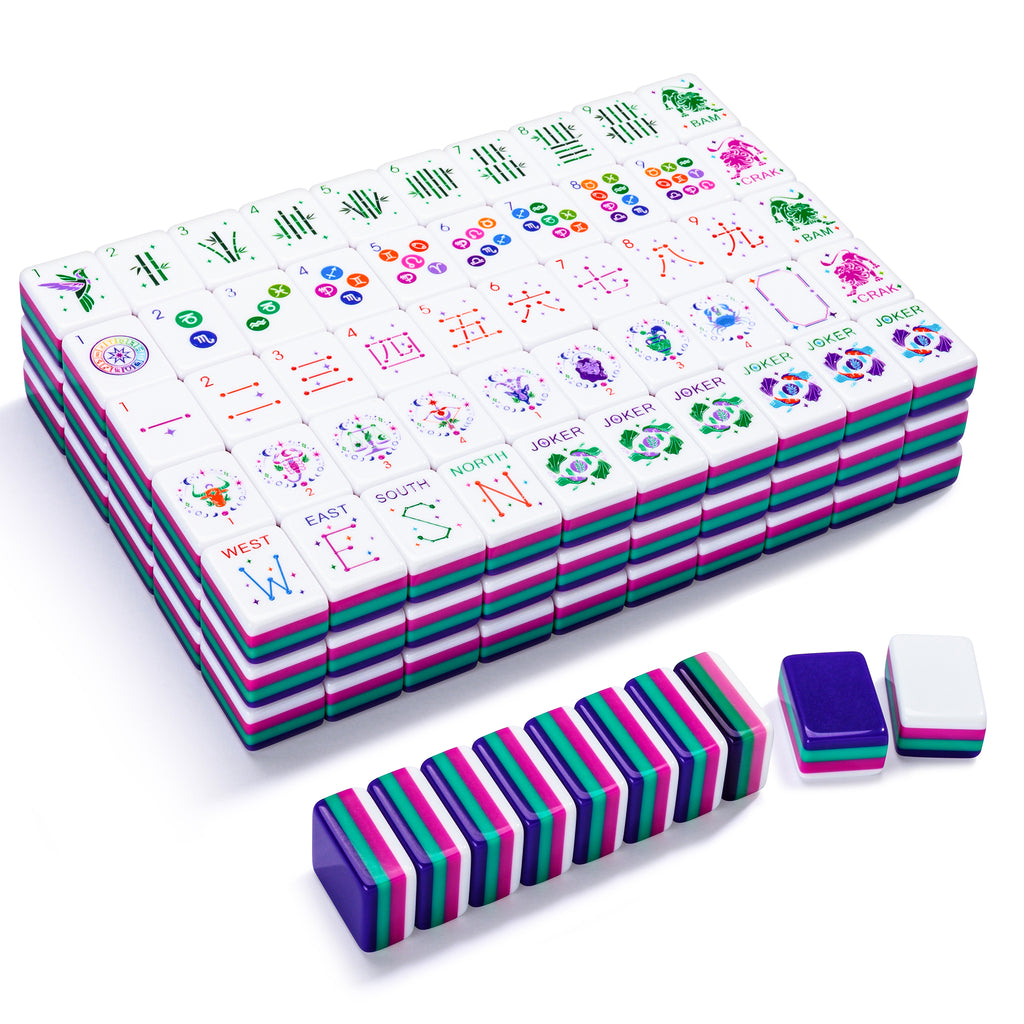 Velora Zodiac mahjong tiles stacked, showing purple, teal and pink layered backs
